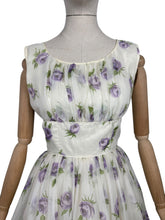 Load image into Gallery viewer, Original 1950&#39;s Cream, Purple and Green Nylon Full Skirted Dress - Bust
