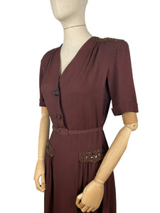 Original 1940's Chocolate Brown Crepe Full Length Belted Evening Dress with Bead and Sequin Trim - Bust 34" 35"