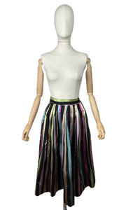 Original 1950's Black Taffeta Skirt with Stripes in Yellow, Blue, Pink and Green - Waist 24 25