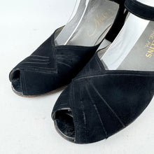 Load image into Gallery viewer, Original 1940’s American Made Narrow Black Suede Peep-toe Shoes - UK 4.5
