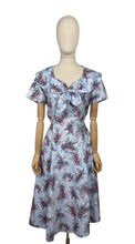 Load image into Gallery viewer, Original 1950&#39;s Floppy Blue Cotton Day Dress with Floral Sprays in Red, Yellow and White - Bust 38 40
