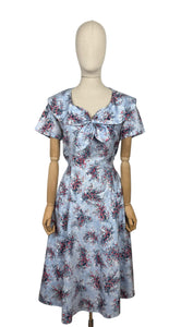 Original 1950's Floppy Blue Cotton Day Dress with Floral Sprays in Red, Yellow and White - Bust 38 40