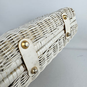 Original 1950's Princess Charming by Atlas White Wicker Bag with White Lucite Handles and Real Shell Decoration
