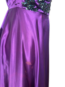 Original 1950's Purple Satin Evening Dress with Beautiful Sequin Detail - Bust 40 *