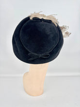 Load image into Gallery viewer, Original 1950’s Black Felt Hat with Large Ostrich Feather and Paste Trim by Wilmine
