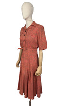 Load image into Gallery viewer, Original 1940&#39;s Belted Heavy Linen Day Dress in Orange, Black and White with Glass Button Detail - Bust 28
