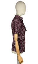 Load image into Gallery viewer, Original 1940's Pure Silk Novelty Print Swan Blouse in Burgundy and White with Bow Tie at Neck - Bust 34
