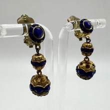 Load image into Gallery viewer, Original 1930&#39;s 1940&#39;s Blue Glass Clip on Dangle Earrings on Gold Tone Metal
