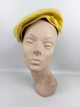 Load image into Gallery viewer, Original 1950&#39;s 1960&#39;s Bright Yellow Textured Fabric Hat with Button and Grosgrain Trim by Finley New York
