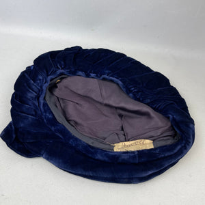 Original 1940's Blue Velvet Beret Hat with Large Bow Trim by Jacoll