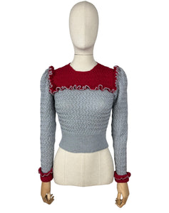 1940s Reproduction Long Sleeved Jumper in Cherry Red and Light Grey with Frill Trim - Bust 34 36