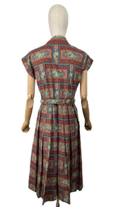 Original 1950's Brown, Blue and Green Belted Cotton Day Dress - Bust 36