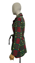 Load image into Gallery viewer, 1960's or 1970's Welsh Wool Tapestry Belted Coat in Green, Red and Yellow - Bust 34
