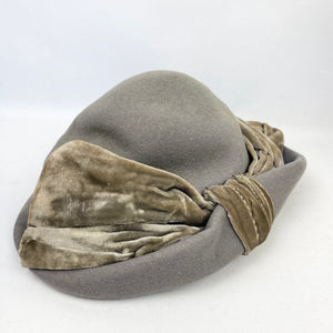 Original 1930's Dove Grey Side Tilt Hat with Large Oversized Velvet Bow Trim *