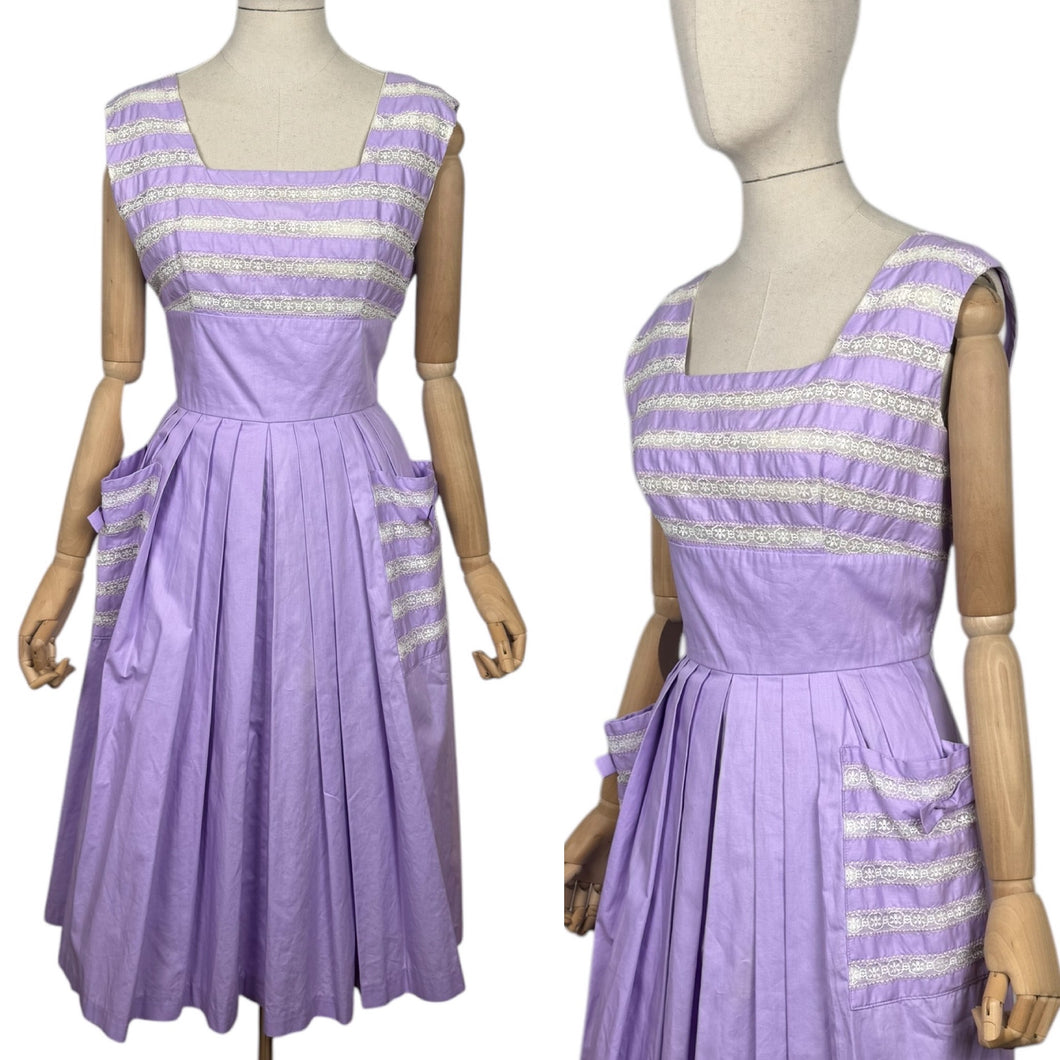 Original 1950's Carnegie Model Pale Lilac Cotton Day Dress with White Lace Detail and Bow Trimmed Pockets - Bust 38
