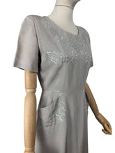 Load image into Gallery viewer, Original 1950's Dove Grey Grosgrain Wiggle Dress with Grape Vine Decoration in Silk and Trapunto Quilting - Bust 38 *
