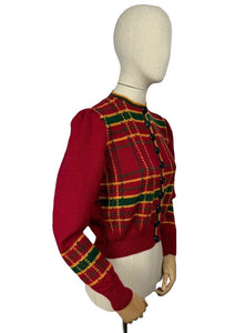 Late 1930's Reproduction Hand Knitted Long Sleeved Ski Jacket in Cranberry Red, Mustard Yellow, Bottle Green and Chocolate Brown Pure Wool  - Bust 36 37