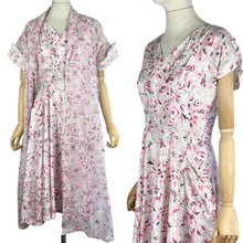 Load image into Gallery viewer, Original 1950's Dress and Jacket Set in White with Pink and Black Floral and Paste Trim - Bust 34 35
