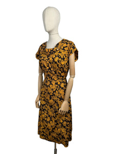 Original 1950’s Orange and Black Floral Cotton Wiggle Dress *