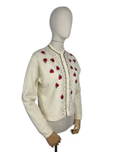 Load image into Gallery viewer, Original 1950&#39;s Season&#39;s Fashions Wool Cardigan with Pretty Floral Embroidery and Faux Pearl Buttons - Bust 38
