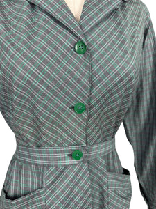 RESERVED FOR KATRINA - DO NOT BUY Original 1940’s Green and Grey Plaid Cotton Long Sleeved Belted Chore Dress with Pockets - Bust 38