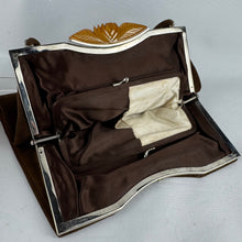 Load image into Gallery viewer, Original 1930's Warm Brown Suede Bag with Amber Coloured Carved Rose Clasp
