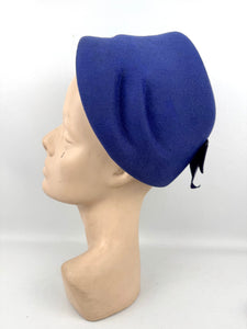 Original 1950's Rich Purple Felt Bonnet Style Hat with Bow Trim and Paste Detail
