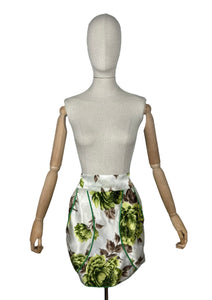 Original 1950's Pretty Ivory Satin Pinny with Pockets and Floral Design in Brown and Green - Waist 30 *