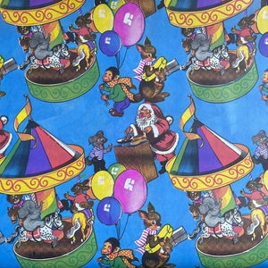 Original Vintage Colourful Children's Christmas Wrapping Paper - Blue Base with Santa and Animal Friends at the Circus