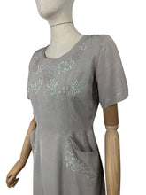 Load image into Gallery viewer, Original 1950's Dove Grey Grosgrain Wiggle Dress with Grape Vine Decoration in Silk and Trapunto Quilting - Bust 38 *
