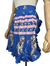 Load image into Gallery viewer, Original 1950&#39;s Bright Cotton Novelty Print Frilly Pinny with Spaniel Dogs on Blue - Waist 30
