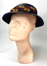 Load image into Gallery viewer, Original 1930's Blue Straw Hat with Burgundy, Cream and Blue Floral Trim *
