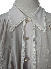 Load image into Gallery viewer, Original 1940&#39;s Semi Sheer Chiffon Crepe Long Sleeved Embroidered Blouse with Faux Pearl Buttons - Bust 36
