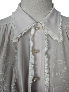 Original 1940's Semi Sheer Chiffon Crepe Long Sleeved Embroidered Blouse with Faux Pearl Buttons - Bust 36