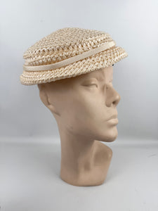 Original 1950's Cream Lacquered Raffia Hat with Pretty Apricot Rose Trim