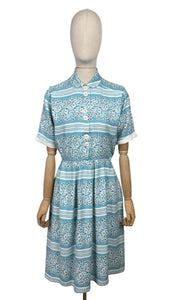 Original 1940's 1950's Blue, White and Black Stripe Cotton Floral Day Dress - Bust 36