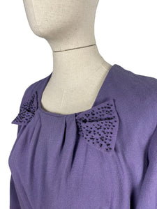 Original Volup 1950's Lavender Blue Beaded Wool Dress with Bow Belt - Bust 40 42 *