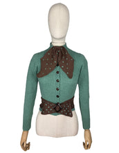 Load image into Gallery viewer, 1930&#39;s Reproduction Hand Knitted Long Sleeved Cardigan with Bow Trim and Spotted Belt in Green and Brown - Bust 32 34
