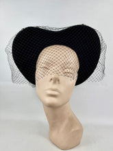 Load image into Gallery viewer, Outstanding Original 1940's Inky Black Felt Heart Hat with Face Veil and Stud Detail
