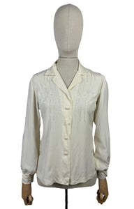 Pretty Vintage Pure Silk Long Sleeved Blouse with Silk Embroidery - Peony Brand - Bust 34