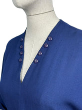 Load image into Gallery viewer, Original 1950&#39;s Dark Blue Moygashel Linen Classic Belted Day Dress by Rembrandt - Great Button Detail - Bust 38 *
