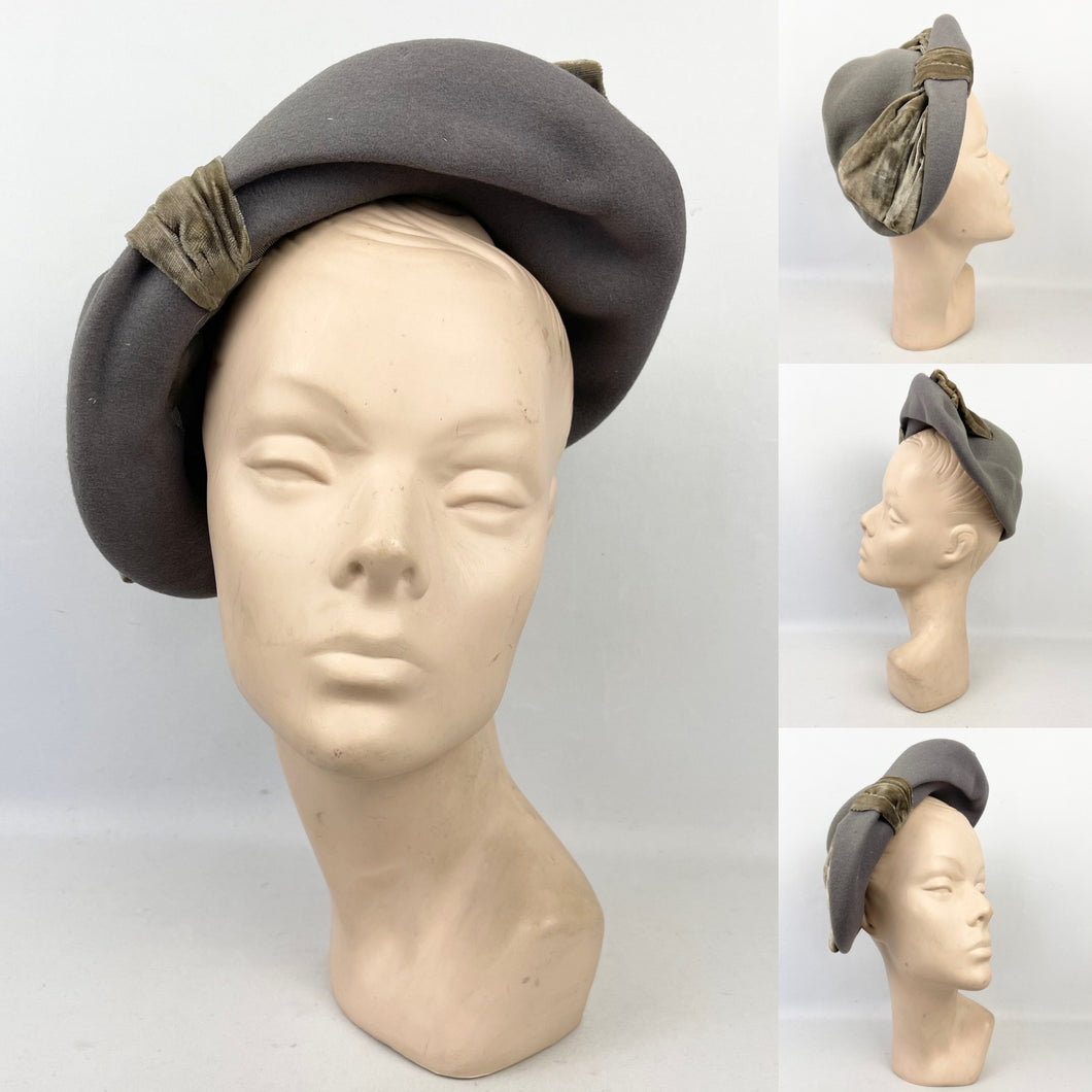 Original 1930's Dove Grey Side Tilt Hat with Large Oversized Velvet Bow Trim *