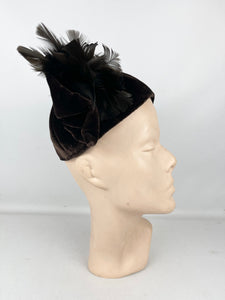 Original 1930's Dark Brown Velvet Skull Cap Hat with Large Feather Trim *