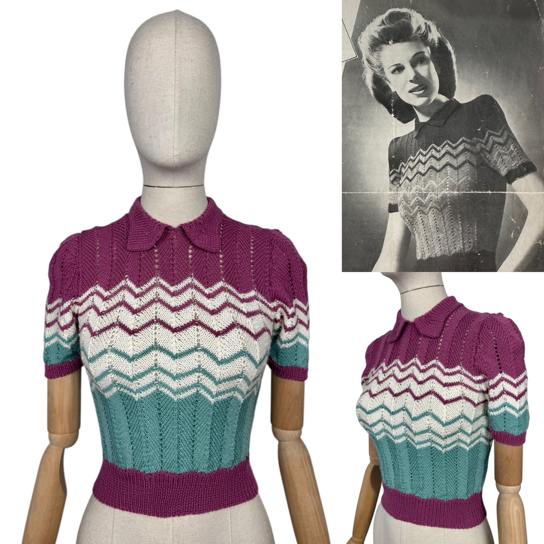 Reproduction 1940’s Hand Knitted Chevron Stripe Jumper in Sea Foam, Mauve and White - Bust 32 34