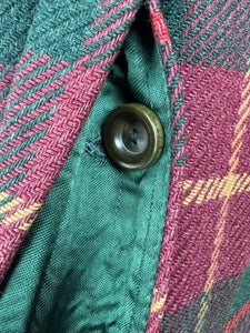 Original 1940's American Made Wool Plaid Coat in Burgundy, Green and Old Gold - Satin Lined - Bust 34 36