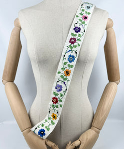 Original 1930's Embroidered Cream Linen Belt with Blue Buckle - Silk Flowers in Red, Purple, Mustard, Blue and Orange
