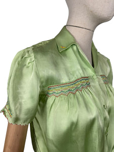 Original 1940’s Pale Green Artificial Silk Blouse with Colourful Smocking Detail - Bust 34 36