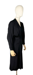 Original 1930's Volup Black Crepe Belted Day Dress with Ruffle Trim - Bust 42 44