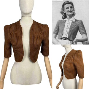 1940's Reproduction Hand Knitted Bolero in Rust Brown Acrylic - Bust 34 36 38 40