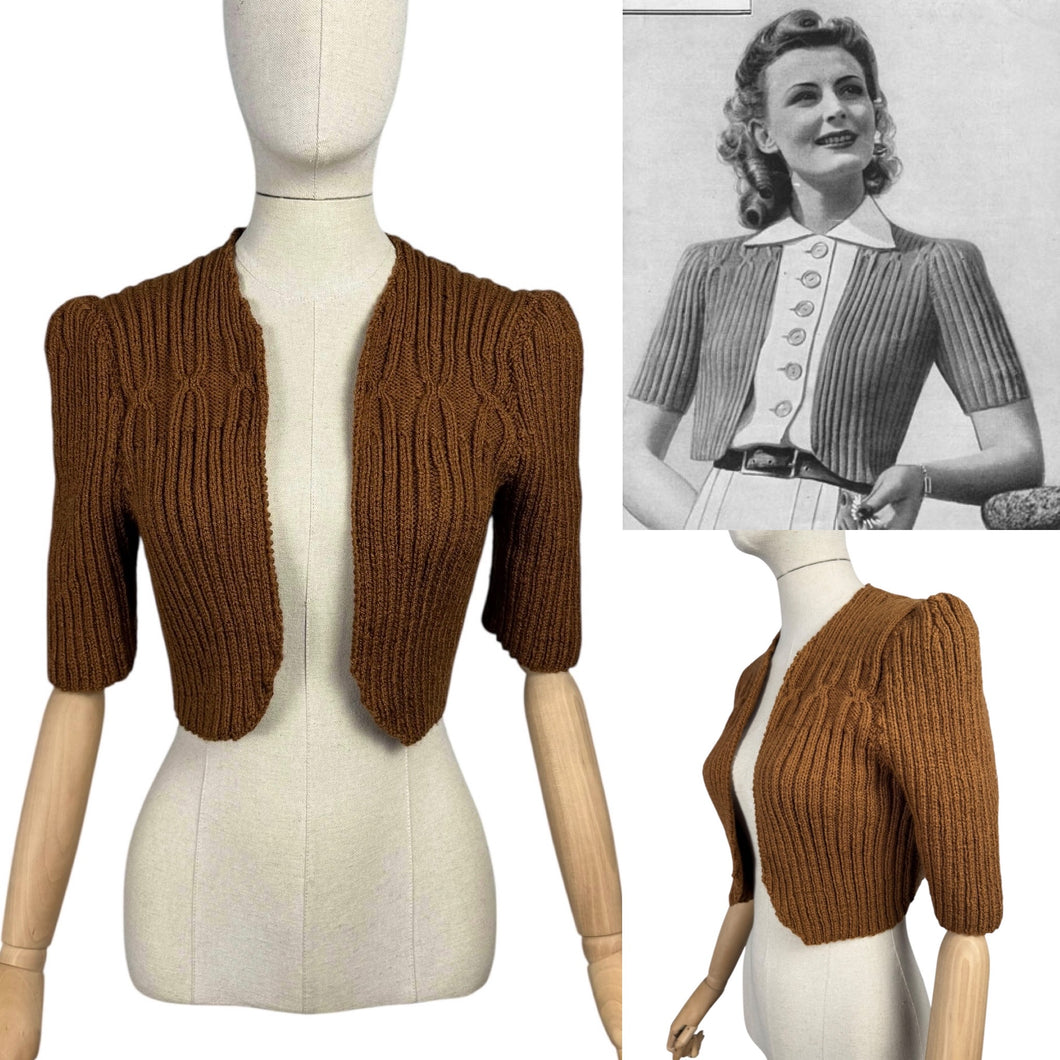 1940's Reproduction Hand Knitted Bolero in Rust Brown Acrylic - Bust 34 36 38 40